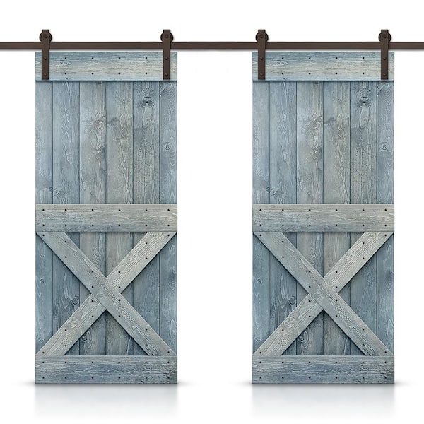 CALHOME Mini X 64 in. x 84 in. Denim Blue Stained DIY Solid Pine Wood Interior Double Sliding Barn Door with Hardware Kit
