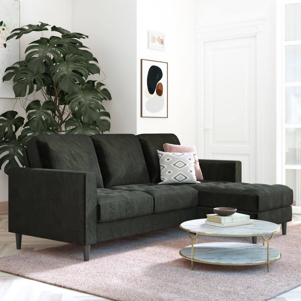 Strummer 81.63" Black Velvet Reversible Sectional Sofa with Ottoman