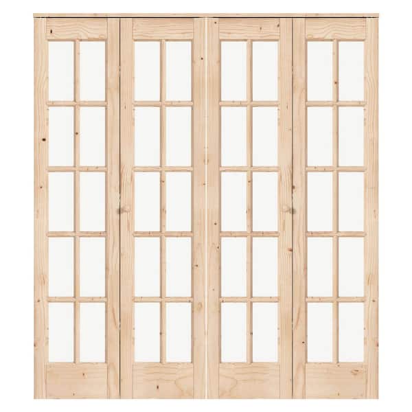84 in. x 80 in. Pre Assembled Clear Glass Solid Core Wood Spruce Brown Bi-Fold Door with Hardware