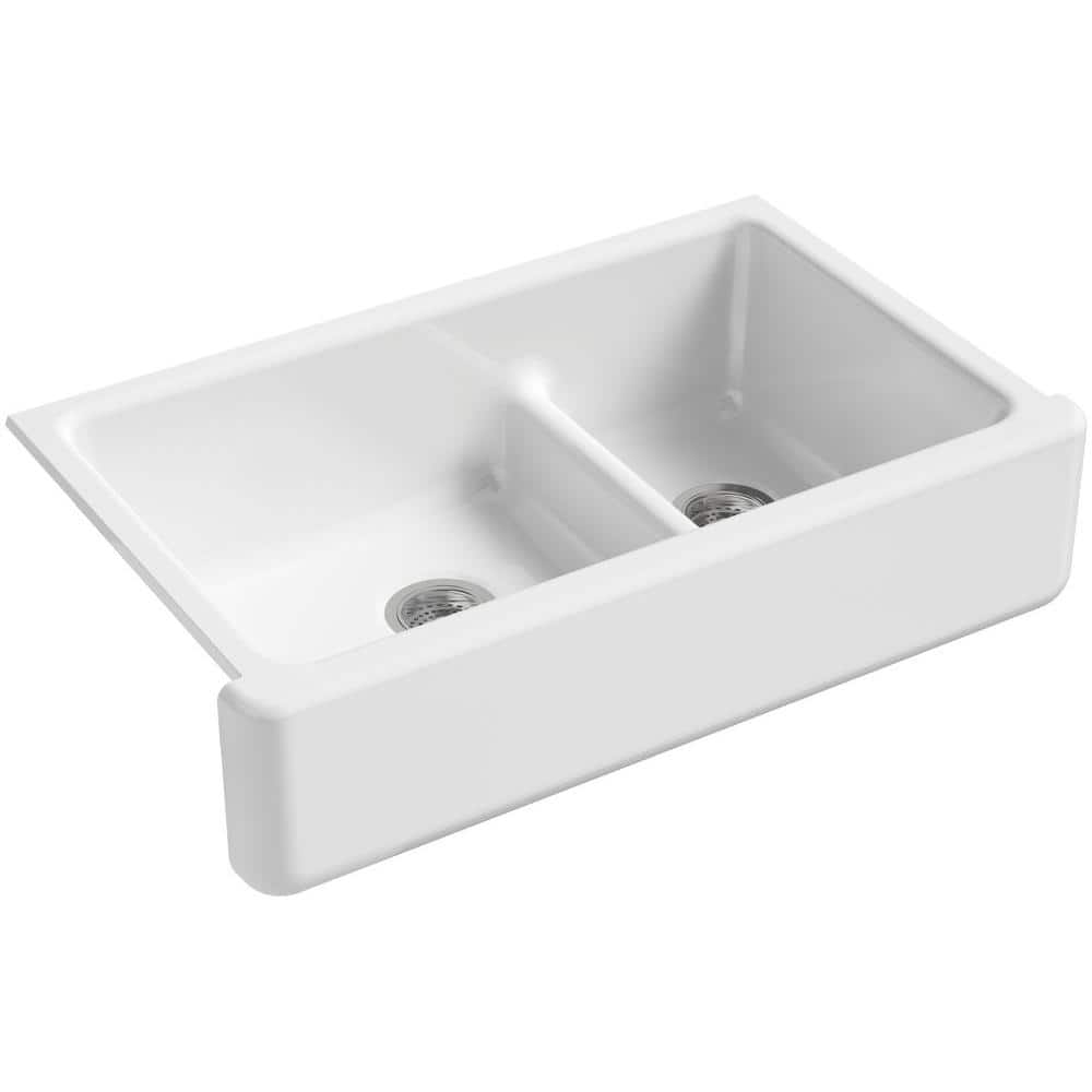 KOHLER Whitehaven Smart Divide Self-Trimming Farmhouse Apron Front Cast  Iron 36 in. Double Bowl Kitchen Sink in White K-6427-0 - The Home Depot