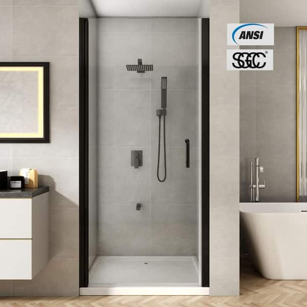 34 to 35-1/2 in. W x 72 in. H Pivot Swing Frameless Shower Door in Black with Clear Glass