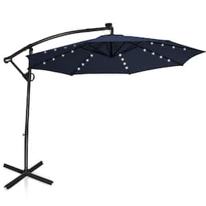 10 ft. 360-Degrees Rotation Aluminum Tilt Cantilever Patio Umbrella with LED Lights and Cross Base in Navy Blue