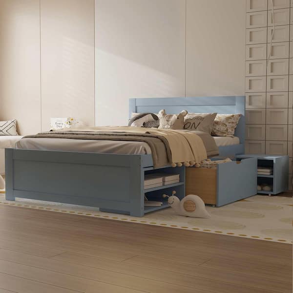Gray Wood Frame Full Size Platform Bed with Drawer and 2-Shelves
