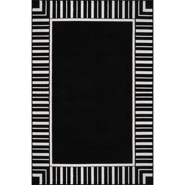 Edge Black 9 ft. x 12 ft. Rubber Back Washable Geometric Border Indoor Outdoor Patio Area Rug