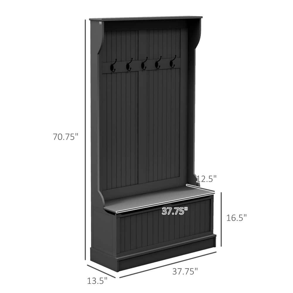 Black Steel Hall Tree with Storage Bench and Coat Rack