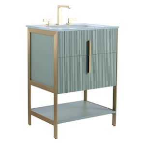 24 in. W x 18 in. D x 33.5 in. H Bath Vanity in Mint Green with Glass Vanity Top in White with Brass Hardware