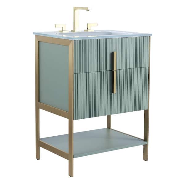 FINE FIXTURES 24 in. W x 18 in. D x 33.5 in. H Bath Vanity in Mint Green with Glass Vanity Top in White with Brass Hardware