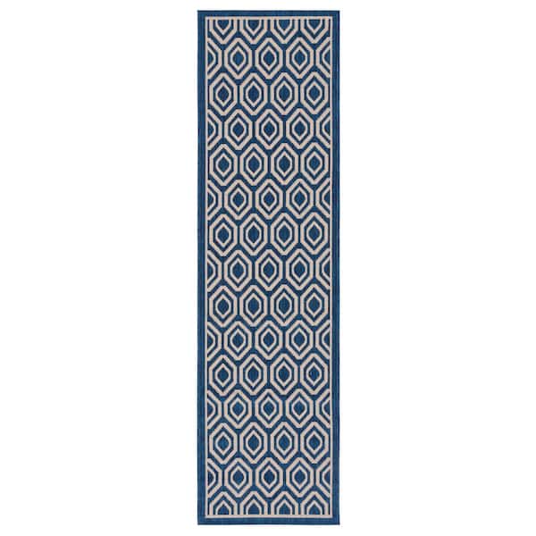 Courtyard Navy/Beige 2 ft. x 12 ft. Kilim Tribal Indoor/Outdoor Runner Rug