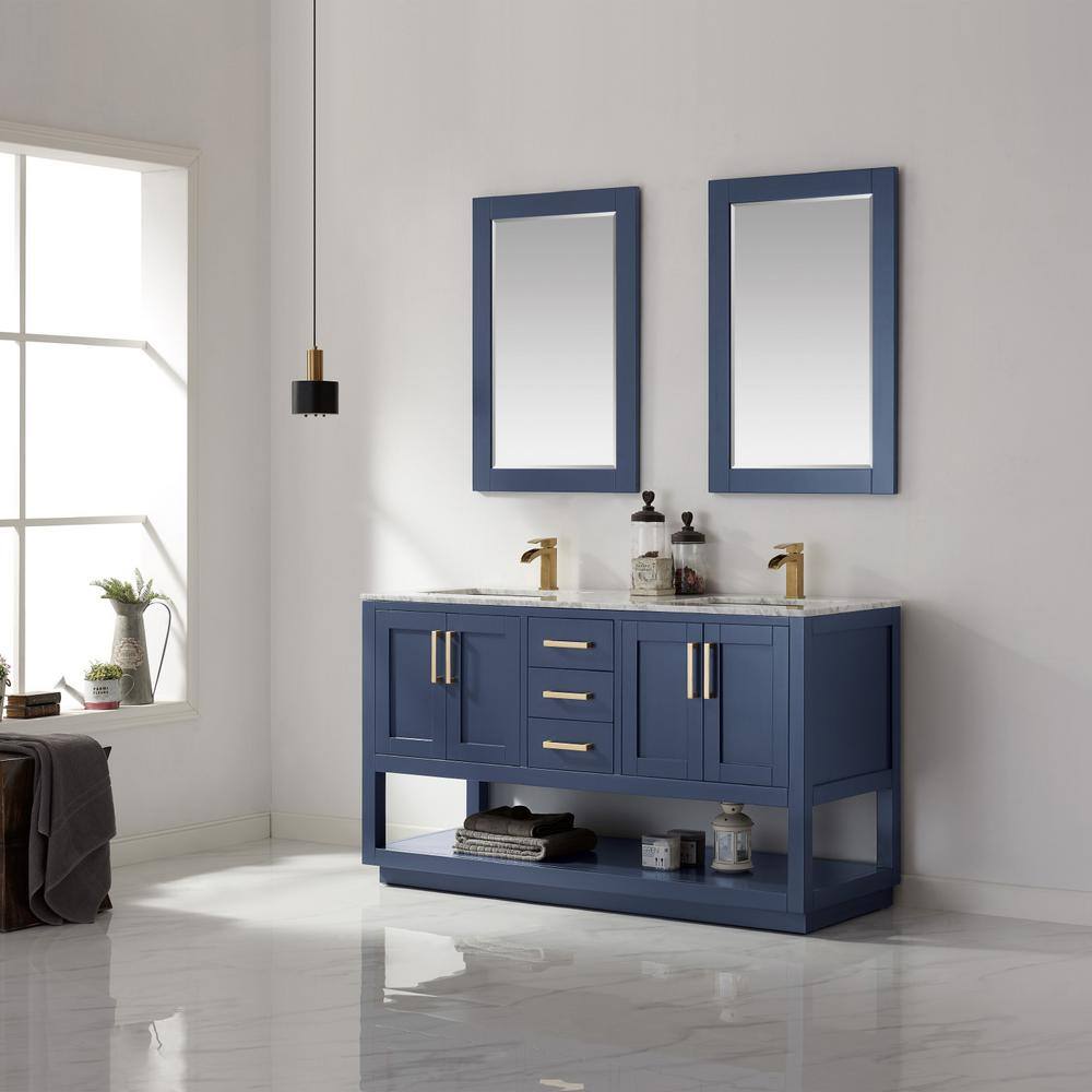 Remi Royal Blue 60" Double Basin Freestanding Vanity with Marble Top