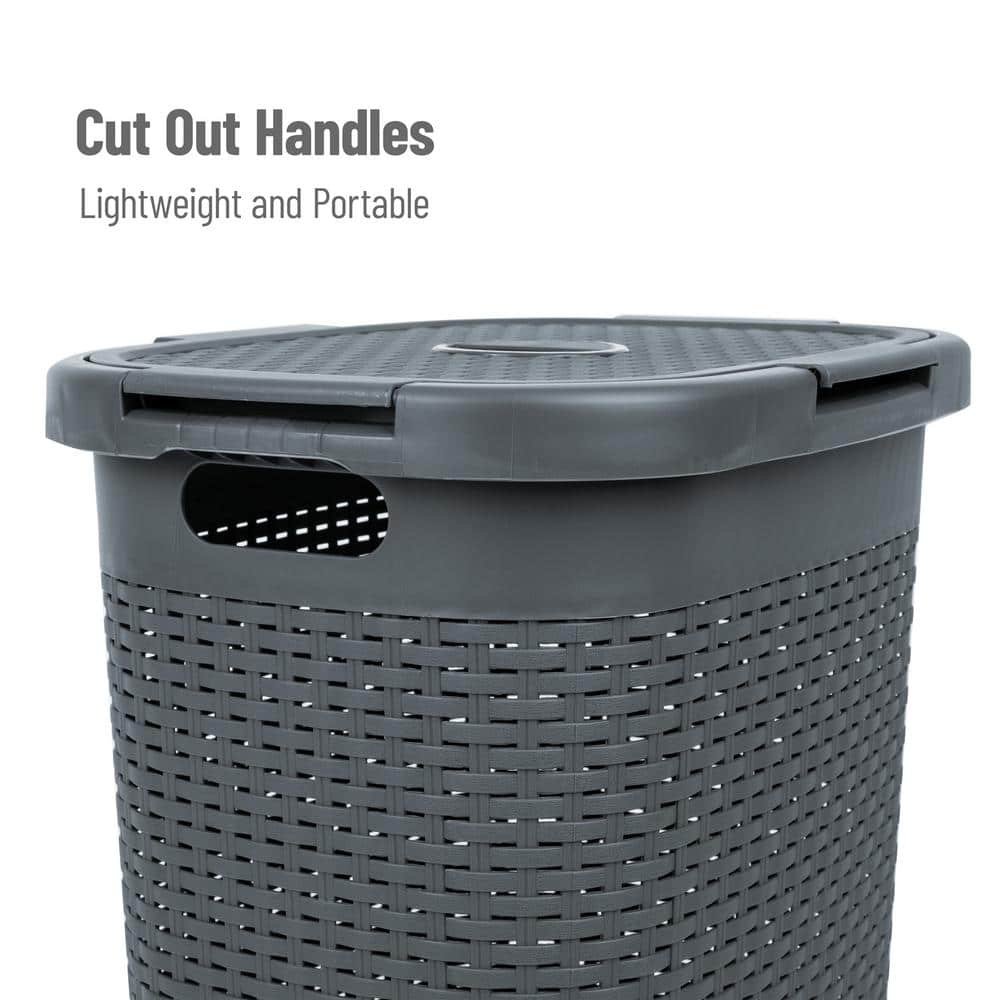 Gray Plastic Wicker Laundry Hamper with Lid and Wheels