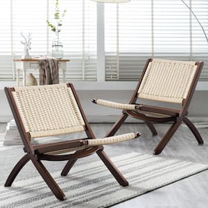 22.8 in Beige Wide Mid-Century Folding Wood Accent Chair Boho Modern Lounge Chair with Solid Wood Frame Indoor Set of 2