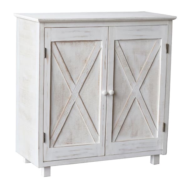 AshleeOaks Farmhouse Barn Door Accent Wood Storage Cabinet, Entryway Bar Storage Table, Country Style Furniture, Whitewashed, 32.25 H