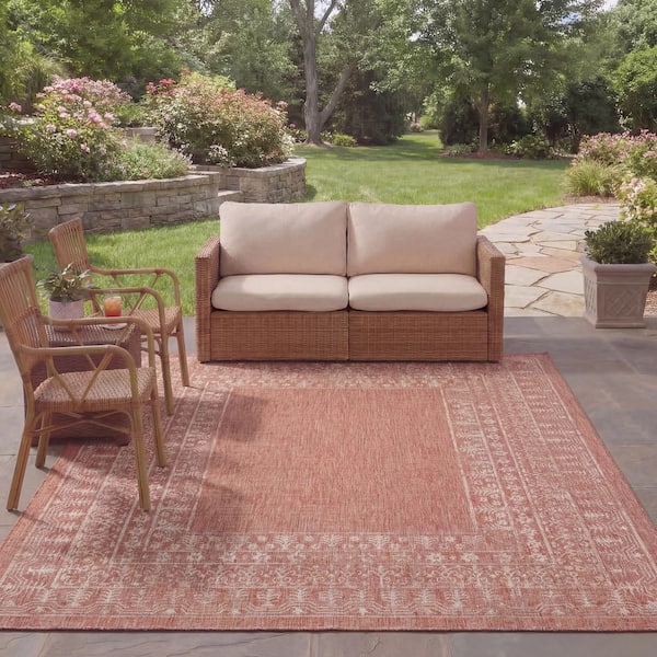Courtyard Red/Beige 8 ft. x 11 ft. Border Ornate Indoor/Outdoor Area Rug