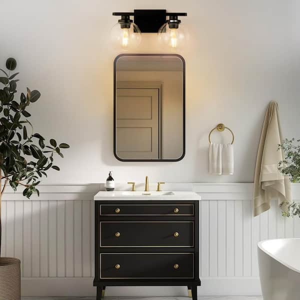 16 in. 2-Light Matte Black Industrial Vanity Light with Open Globe Clear Glass for Bathroom Mirror or Wall