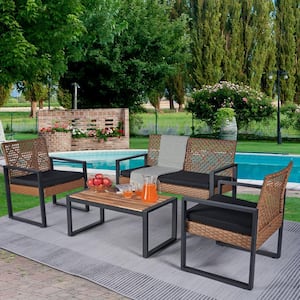 Brown 4-Piece Wicker Rectangular Outdoor Dining Set with Black Cushion