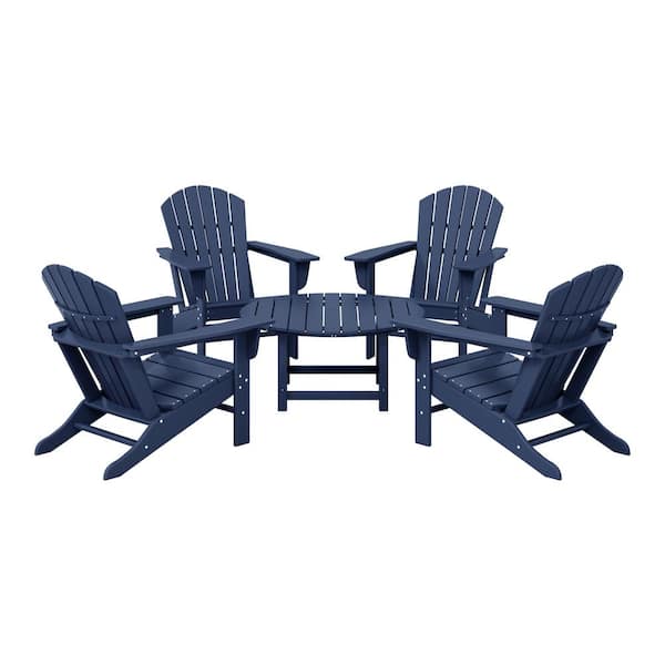 Altura Fade Resistant HDPE Plastic Navy Blue 5-Piece Adirondack Chair Outdoor Patio Conversation Set, Round Coffee Table