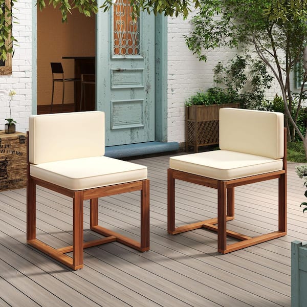 2-Piece Teak Acacia Wood Outdoor Patio Dining Chairs with Beige Cushions for Backyard Garden Porch
