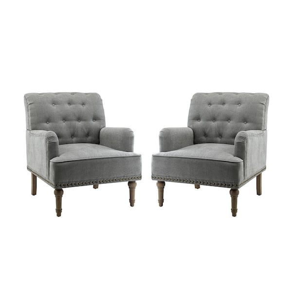 JAYDEN CREATION Leobarda Classic Traditional Pewter Tufted Armchair with Nailhead Trim and Solid Wood Legs (Set of 2)