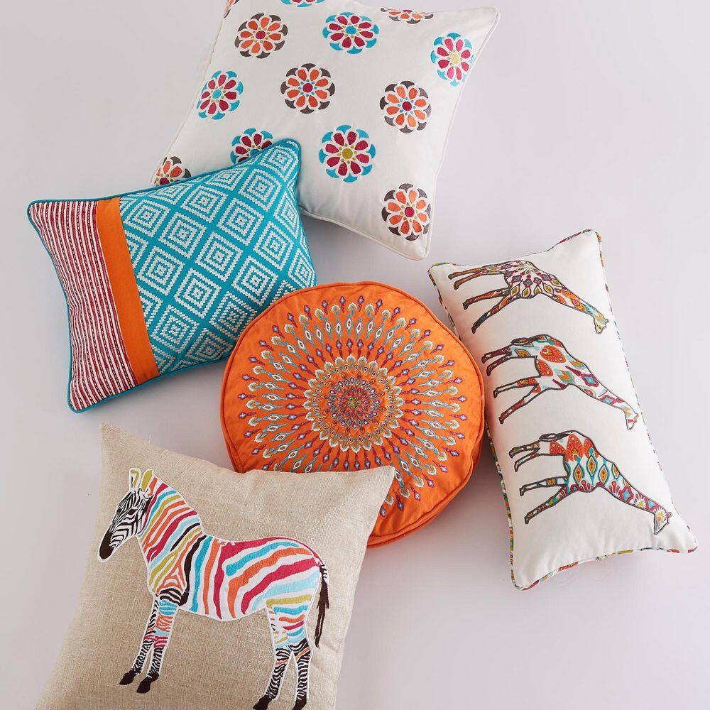 Multicolor Zebra Embroidered Burlap Throw Pillow 20x20
