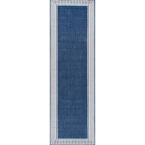 Asha Simple Striped Navy 2 ft. x 10 ft. Outdoor Runner Rug