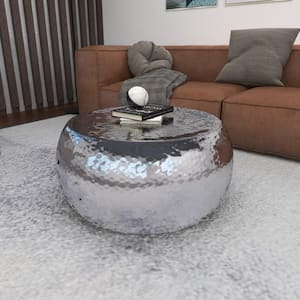 30 in. Silver Round Aluminum Drum Shaped Coffee Table with Hammered Design