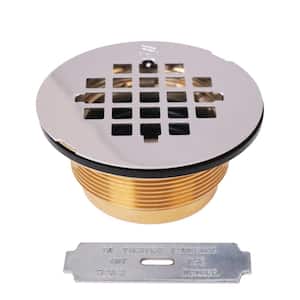 2 in. No-Caulk Brass Compression Shower Drain with 4-1/4 in. Round Grid Cover, Polished Chrome
