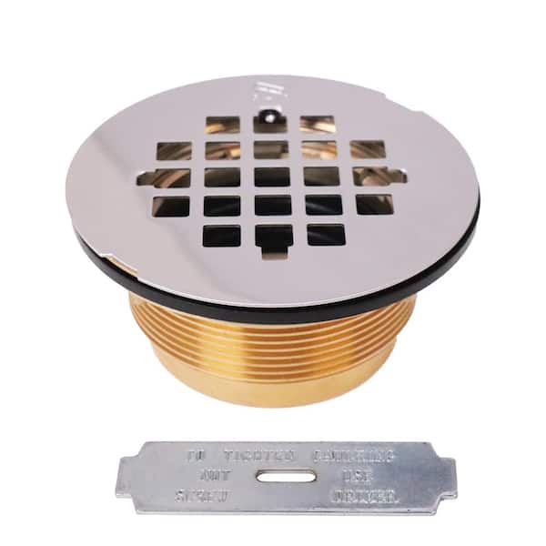 Westbrass 2 in. No-Caulk Brass Compression Shower Drain with 4-1/4 in. Round Grid Cover, Polished Chrome