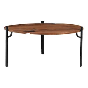 31 in. Black and Brown Round Mango Wood Coffee Table with Live Edge and Metal Legs