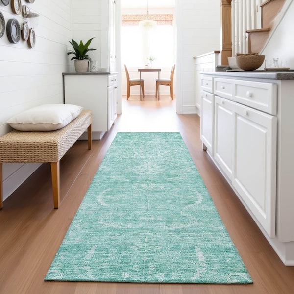 Mayfield Premium Machine Washable Abstract AMF1083 Aqua 2 ft. 3 in. x 7 ft. 6 in. Runner Rug