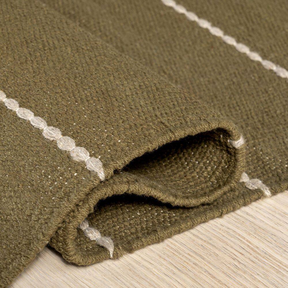 Handmade Olive Green Wool and Cotton Striped Rectangular Rug