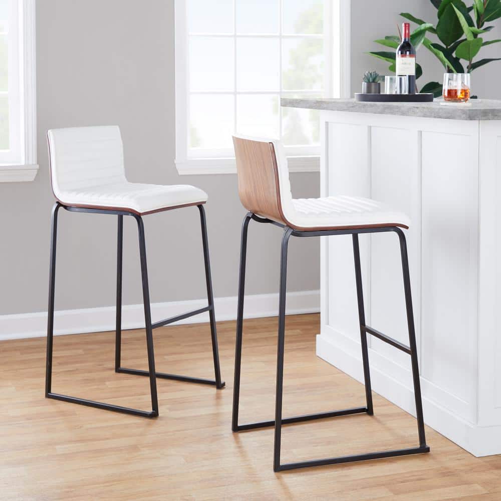 White Faux Leather and Black Metal Bar Stools, Set of 2