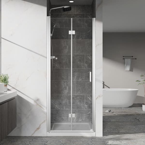 Maggie 32 in. W x 72 in. H Semi Frameless Pivot Shower Door in Chrome with Tempered Clear Glass