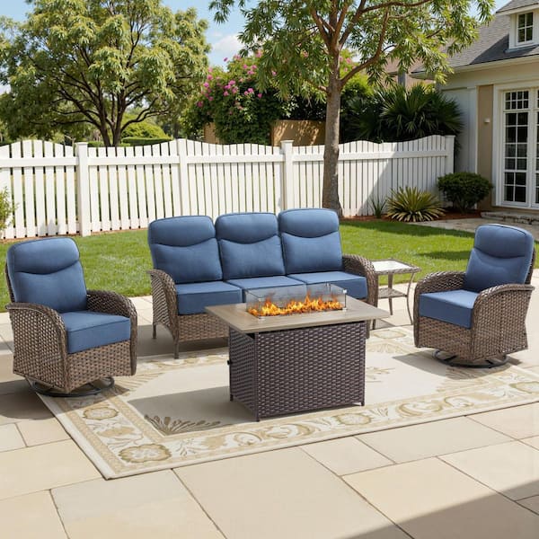 High Crescent 5-Piece Brown Wicker Patio Conversation Set with Blue Cushions and Rectangular Fire Pit Table