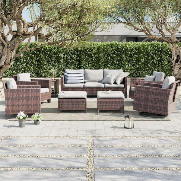 8-Piece Patio Sofa Set Brown Wicker Outdoor Furniture Set Swivel Rocking Sofa, Linen Grey Cushions