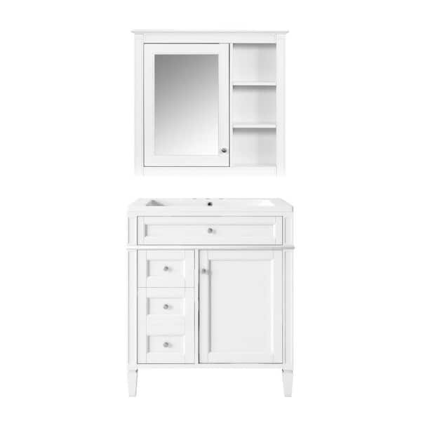 30 in. Single Sink Freestanding 2 Drawers and a Tip-Out Drawer White Bath Vanity with White Ceramic Top Mirror Cabinet