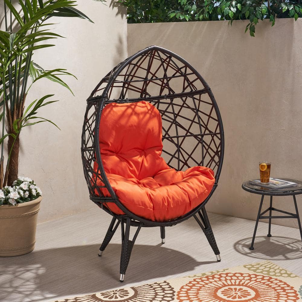 Brown Teardrop Shape Wicker Outdoor Egg Lounge Chair with Orange Cushion fo