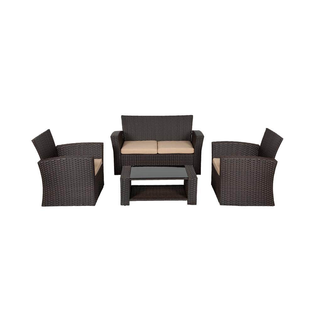 Hudson 4-Piece Dark Brown Wicker Outdoor Patio Set with Beige Cushions