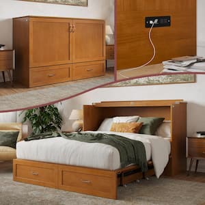 Hamilton Light Toffee Natural Bronze Solid Wood Frame Queen Murphy Bed Chest with Mattress, Storage and Built-in Charger