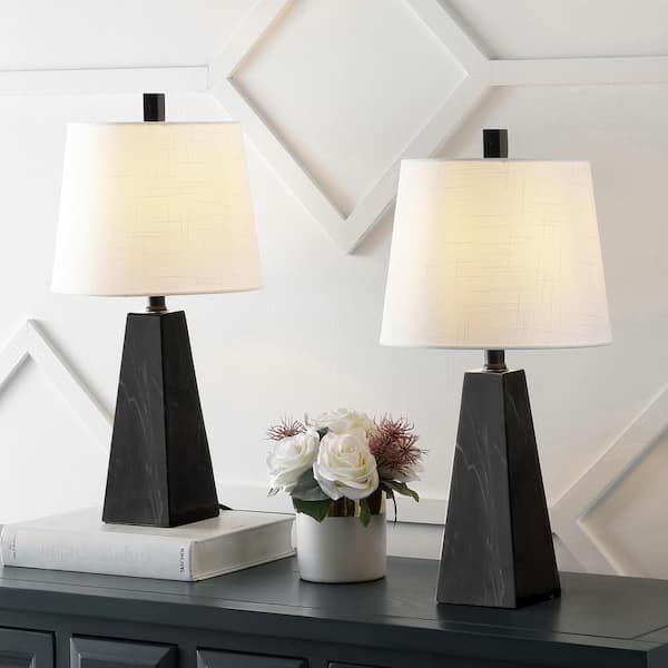 JONATHAN Y Owen 20.5 in. Contemporary Resin LED Table Lamp Set with Linen Shade and Resin Base, Black Marble Finish (Set of 2)