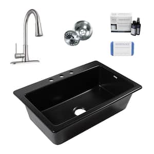 Jackson 33 in. 3-Hole Drop-in Single Bowl Matte Black Fireclay Kitchen Sink with Pfirst Faucet Kit