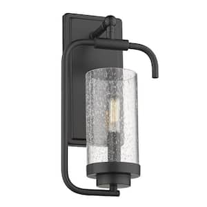 1-Light Black Farmhouse Wall Sconce with Seeded Glass Shade, Metal Industrial Mounted Light for Bathroom Bedroom Hallway