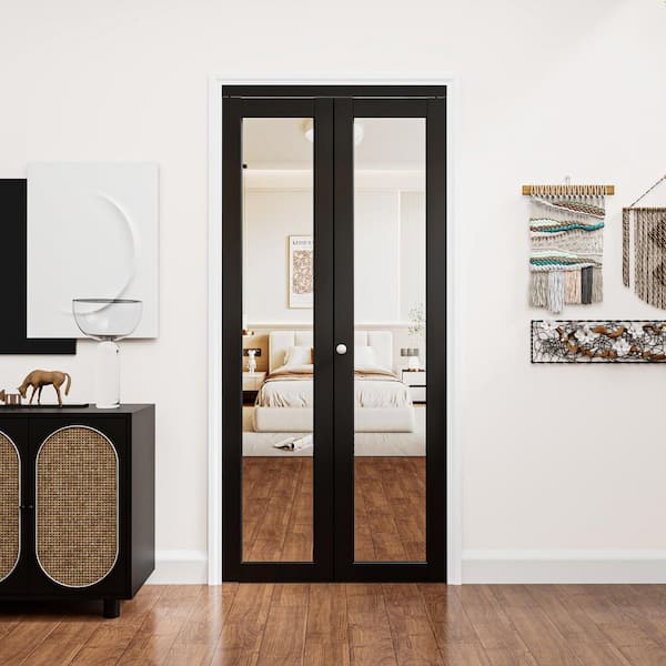 36 in. x 80 in. 1-Lite Mirrored Glass and Solid Core Black Finished Close MDF Bi-Fold Door with Hardware