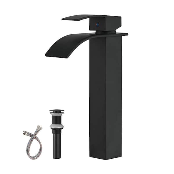 Unbranded Single-Handle Single-Hole Bathroom Vessel Sink Faucet with Waterfall and Drain Assembly in Matte Black