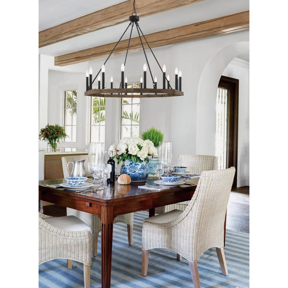 Octagonal Modern Black Metal 16-Light Wagon Wheel Chandelier