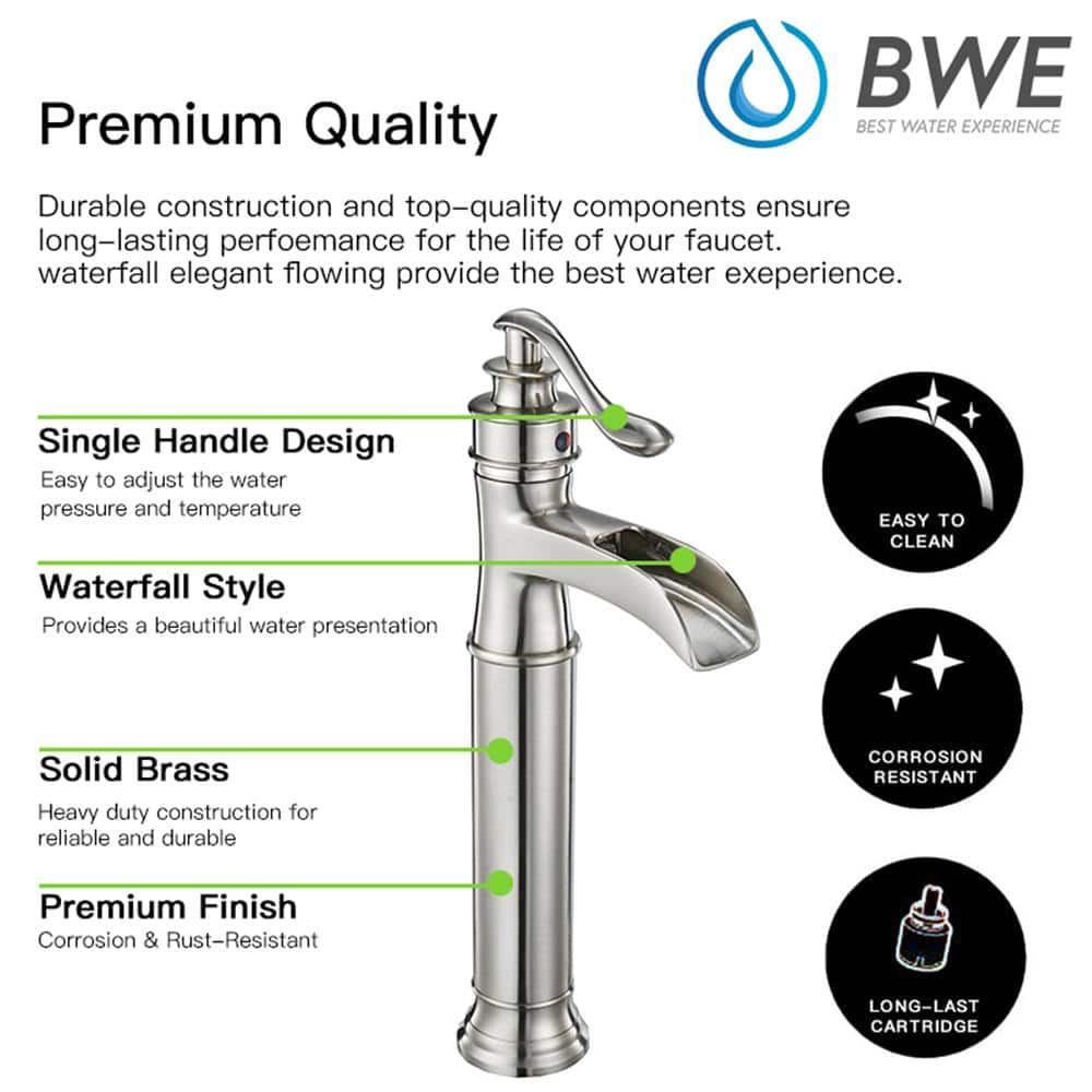 Brushed Nickel Single Handle Waterfall Vessel Sink Faucet