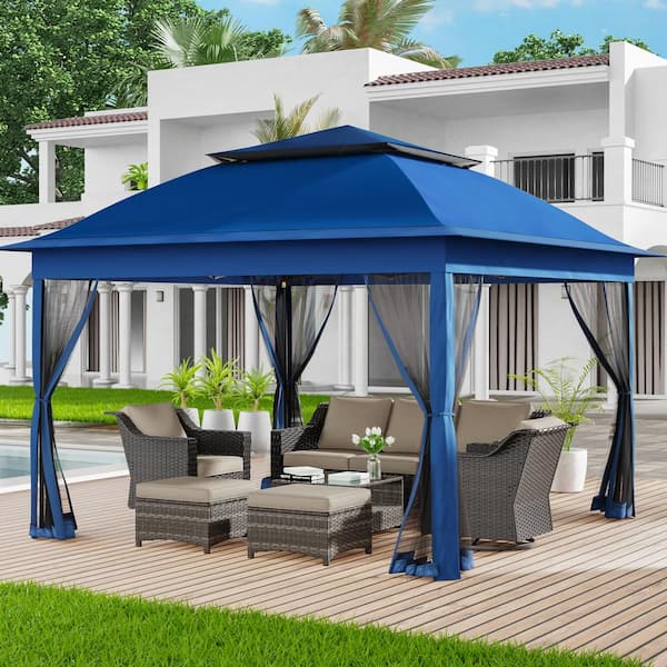 Gardenbee Dark Blue Steel Portable Pop-Up Gazebo with Mosquito Netting 11 ft. x 11 ft. . .