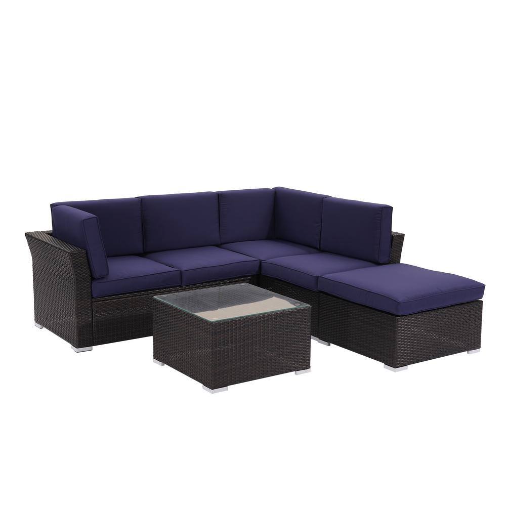 4-pieces PE Wicker Outdoor Sectional with Navy Cushions