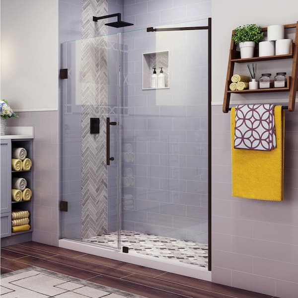 Aston Belmore 63.25 in. to 64.25 in. x 72 in. Frameless Hinged Shower Door in Bronze