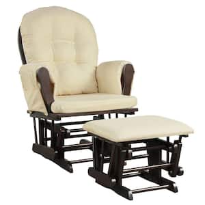 Beige Glider Cushioned Rocking Chair Wooden Frame Ottoman Set