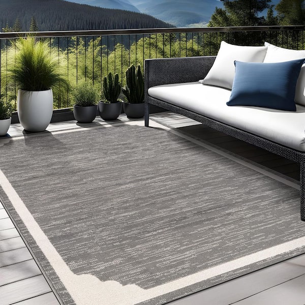 Hera Gray 8 ft. x 10 ft. Rubber Back Washable Corner Bordered Indoor Outdoor Patio Area Rug